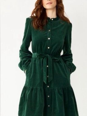Draper James Emerald Green Button-Front Velvet Dress with Tie Waist
